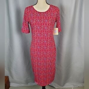 NWT Lularoe Julia, maroon, blue, and cream geometric pattern, size S